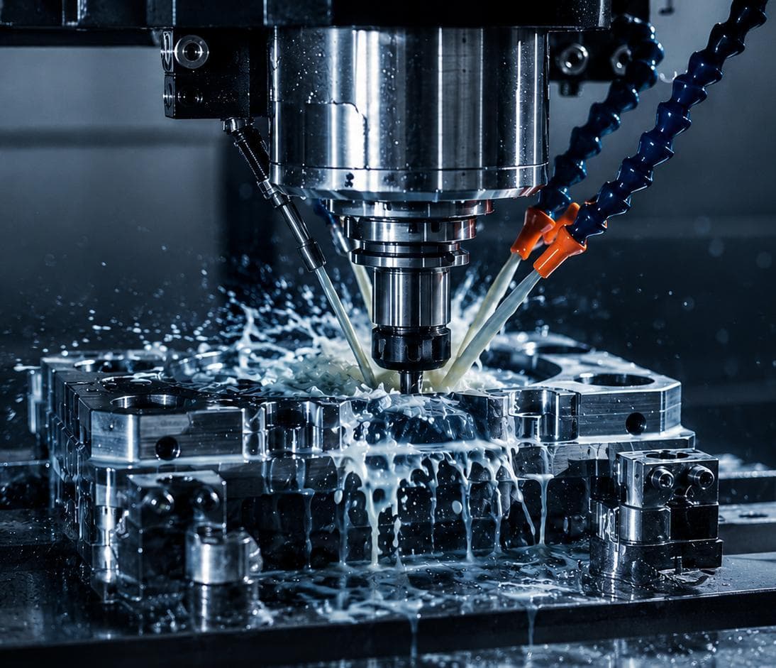 CNC machining center cutting a metal workpiece with coolant