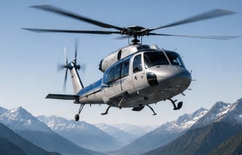 Helicopter flying over mountains