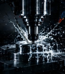 CNC spindle machining a part with coolant